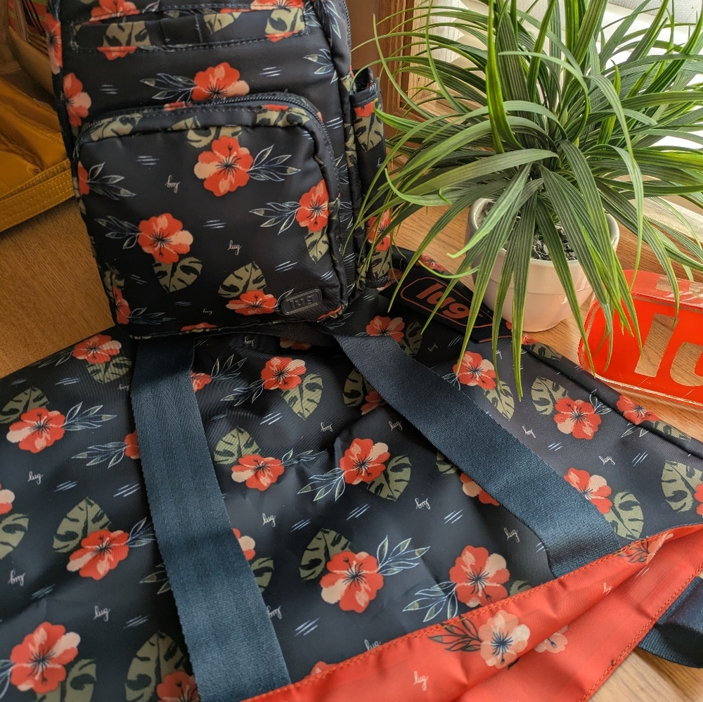 Lug Archer sling, and limited edition shopper, both Aloha Navy
